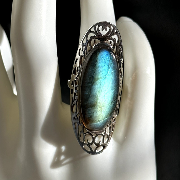 925 Sterling Silver Vintage HUGE Tall Labradorite Large Gemstone Ring Size 6.75 - Picture 6 of 14